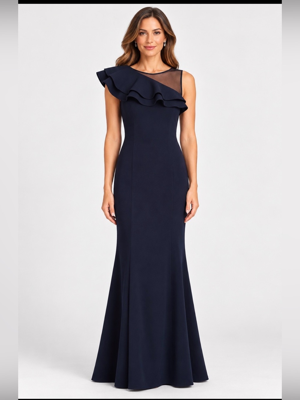 Eliza J Navy One-Shoulder Ruffle Gown with Sheer Yoke